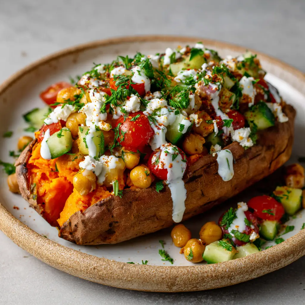 Mediterranean Stuffed Sweet Potatoes with Roasted Golden Chickpeas and Creamy Yogurt Sauce 2 Top view of a perfectly roasted sweet potato acting as a bowl, stuffed with colorful Mediterranean ingredients like red tomatoes and green parsley. (Mediterranean Stuffed Sweet Potatoes)