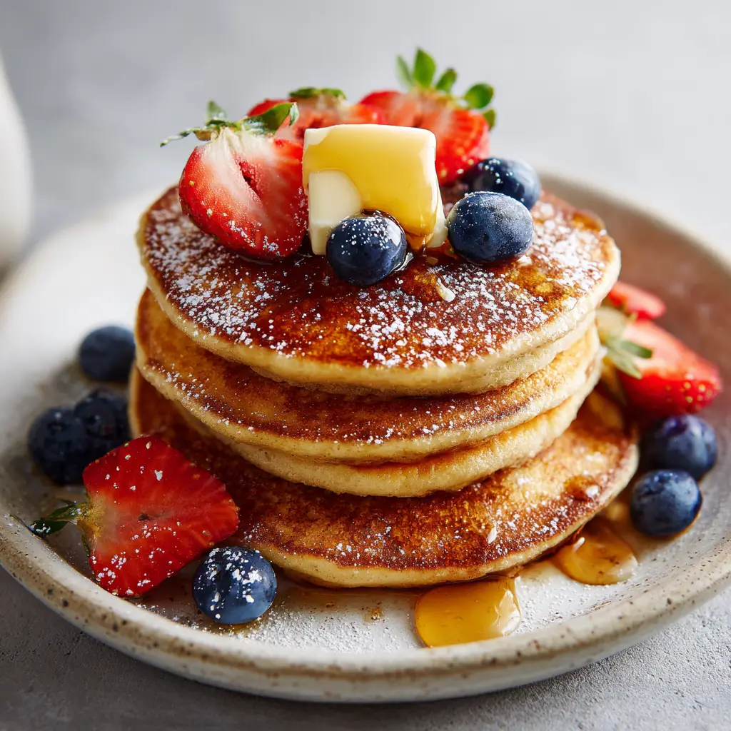 Close up of the texture of Gluten-Free Almond Flour Pancakes with fresh blueberries and strawberry slices.
