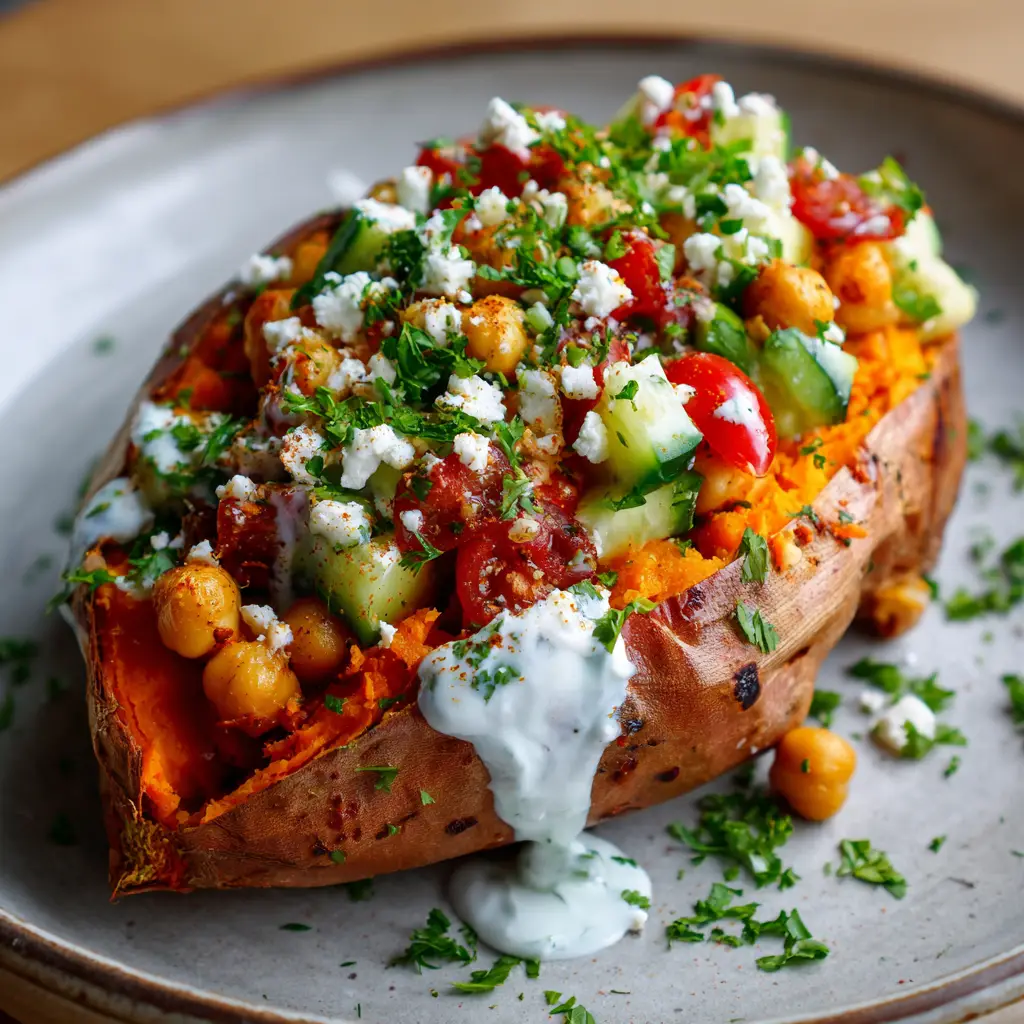 Mediterranean Stuffed Sweet Potatoes with Roasted Golden Chickpeas and Creamy Yogurt Sauce 1 A handheld smartphone photo of a roasted sweet potato split down the middle with fluffy orange flesh and caramelized edges, topped with feta and chickpeas.