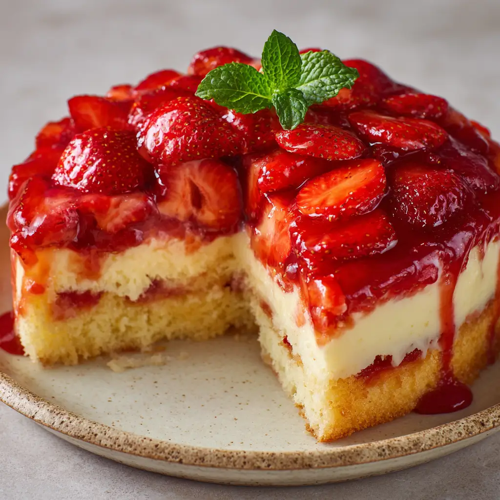 Close-up showing the distinct layers of the light golden sponge and smooth pale yellow vanilla custard in a Strawberry Custard Cake.