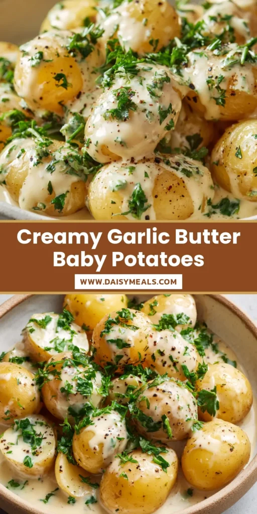 A close-up of Creamy Garlic Baby Potatoes in a rustic bowl, coated in a thick off-white sauce with fresh parsley and black pepper.