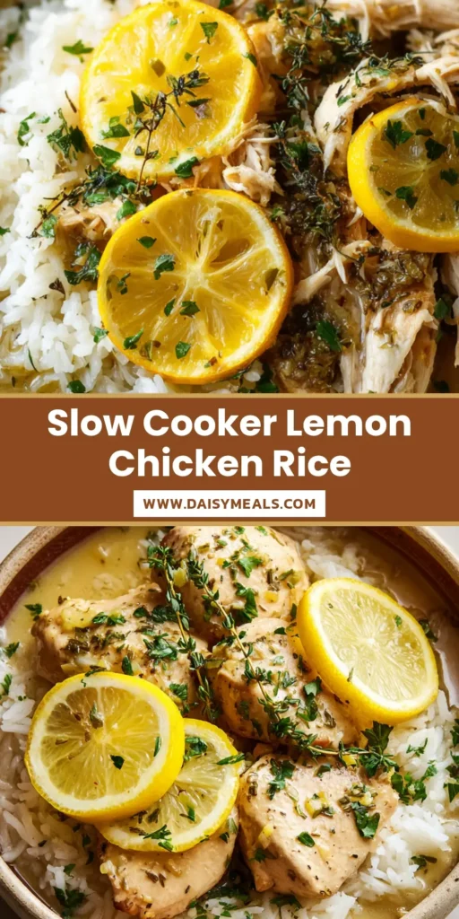 A rustic bowl of slow cooker lemon herb chicken served over fluffy rice, topped with bright lemon wheels and fresh thyme sprigs.