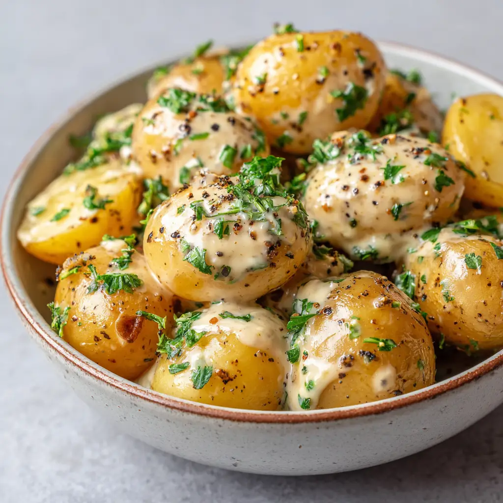 A rustic shallow bowl filled with tender whole and halved Creamy Garlic Baby Potatoes in a velvety garlic cream sauce.