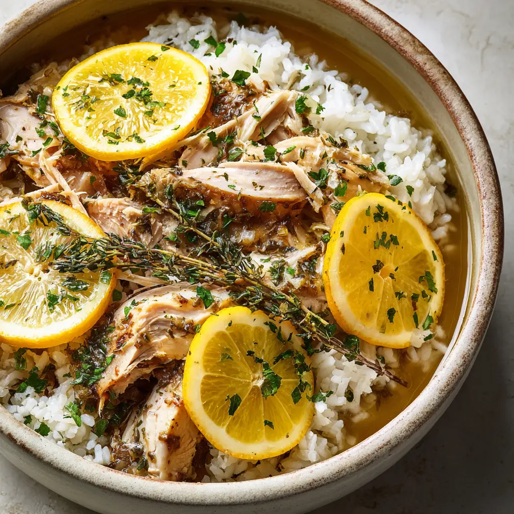 Close-up of tender pull-apart chicken breast with softened lemons and green parsley garnish. (Slow cooker lemon herb chicken)