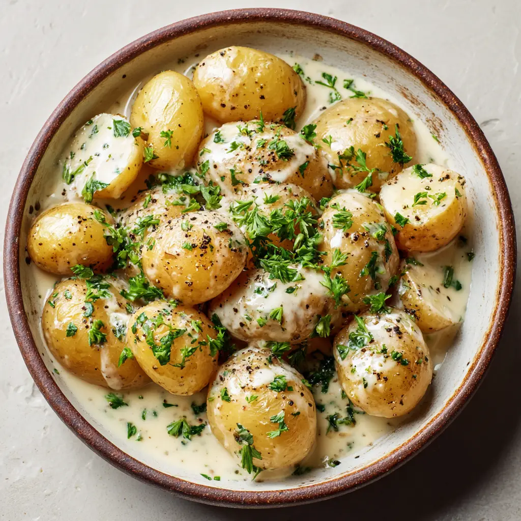 Smartphone photo of Creamy Garlic Baby Potatoes speckled with minced garlic and fresh green parsley.