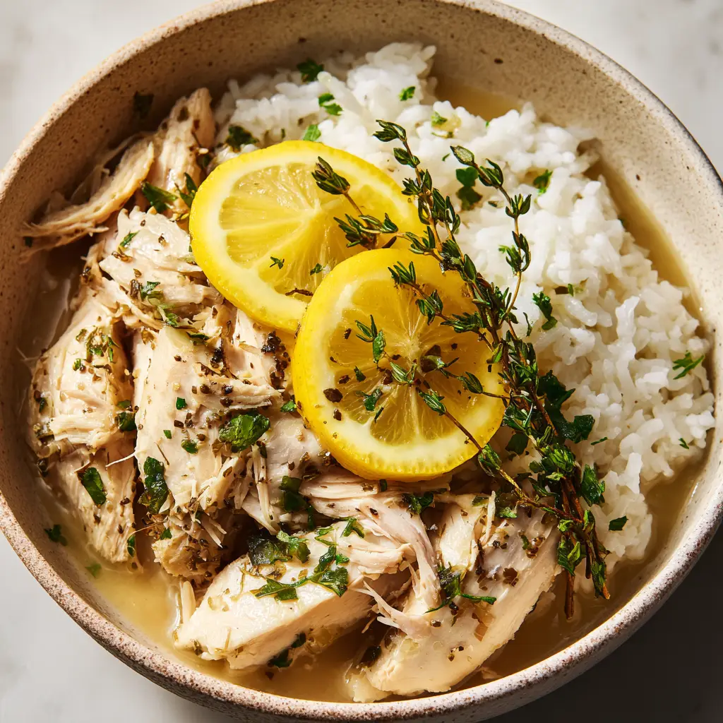 Rustic ceramic bowl featuring broth-infused white rice topped with lemon herb chicken and sprigs of fresh thyme.