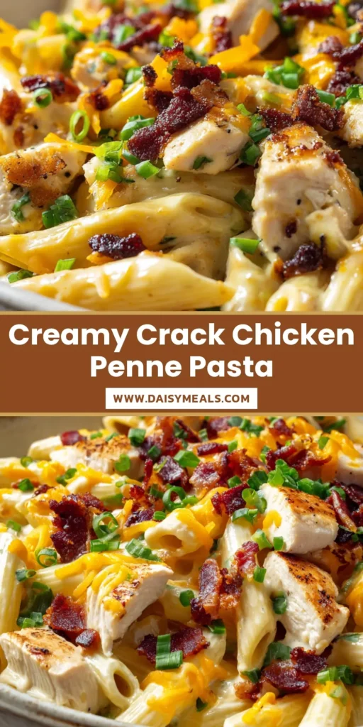 Crack Chicken Penne with Crispy Bacon and Melted Cheddar 4 A close-up shot of Crack Chicken Penne in a rustic white bowl, topped with melted orange cheddar and crispy bacon. (Crack Chicken Penne)
