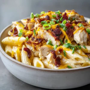 Detailed shot of glossy light yellow ranch sauce coating penne pasta with seared chicken cubes. (Crack Chicken Penne)