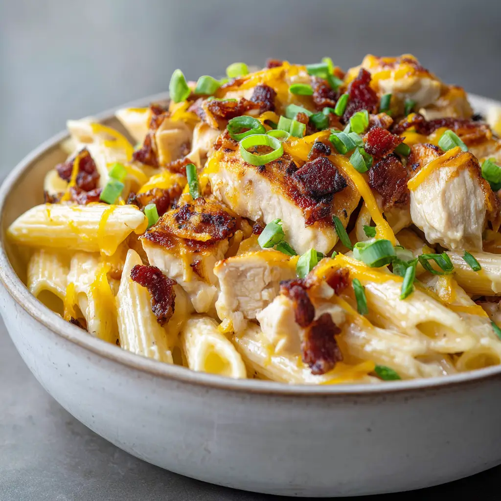 Crack Chicken Penne with Crispy Bacon and Melted Cheddar 2 Detailed shot of glossy light yellow ranch sauce coating penne pasta with seared chicken cubes. (Crack Chicken Penne)