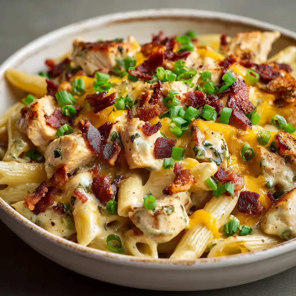 Crack Chicken Penne with Crispy Bacon and Melted Cheddar 1 Top-down view of Crack Chicken Penne showing melted orange cheddar streaks and fresh green scallions.