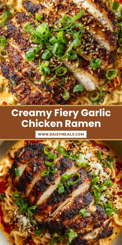 Creamy Spicy Chicken Ramen with a Fiery Red Spice Crust 4 A close-up overhead view of Creamy Spicy Chicken Ramen with wavy noodles, orange garlic sauce, and fanned chicken breast with a dark red spice crust.