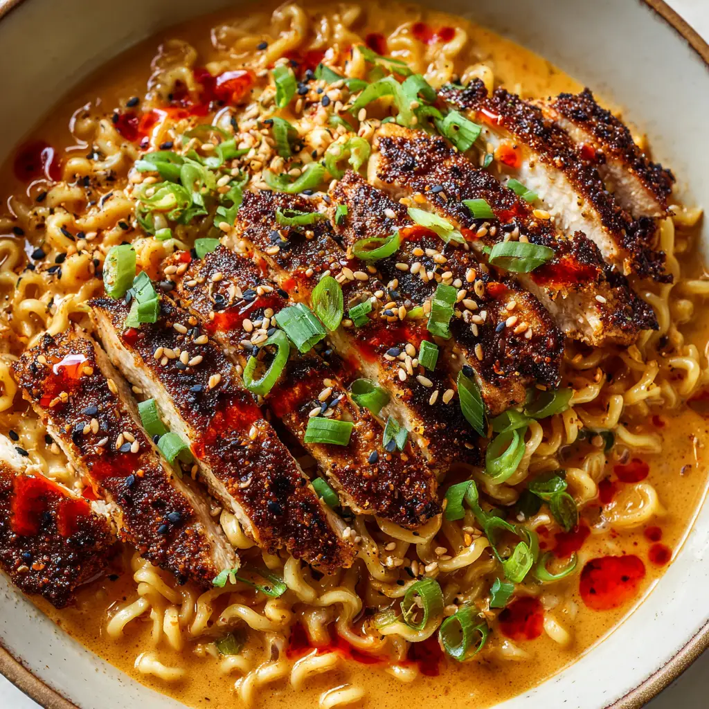 Creamy Spicy Chicken Ramen with a Fiery Red Spice Crust 2 Close-up of wavy ramen noodles coated in orange garlic sauce with red spice-crusted chicken.