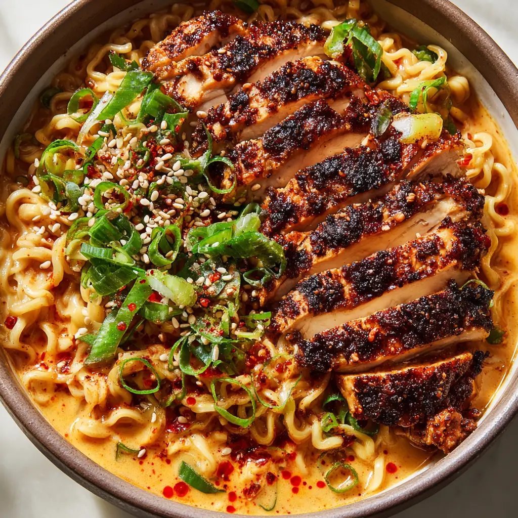Creamy Spicy Chicken Ramen with a Fiery Red Spice Crust 1 Overhead smartphone-style photo of ramen with chili oil pooling and sliced chicken breast.
