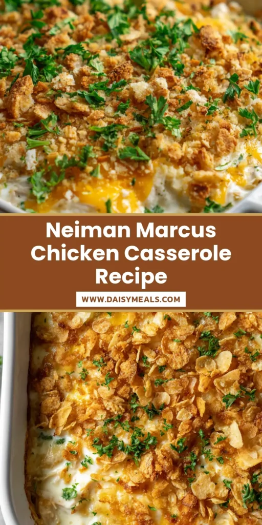 Neiman Marcus Chicken Casserole: The Ultimate Vintage Comfort Food Recipe 4 A top-down view of the Neiman Marcus Chicken Casserole with its golden brown cracker and almond crust and fresh parsley flakes.