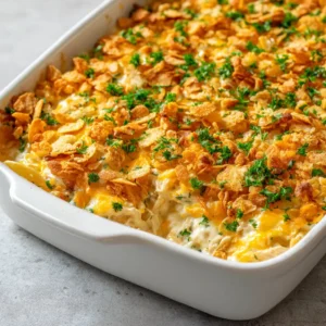 Close up shot of Neiman Marcus Chicken Casserole in a white dish, showing thick creamy white sauce and bubbly cheddar cheese. (Neiman Marcus Chicken Casserole)