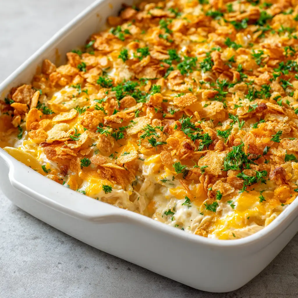 Neiman Marcus Chicken Casserole: The Ultimate Vintage Comfort Food Recipe 2 Close up shot of Neiman Marcus Chicken Casserole in a white dish, showing thick creamy white sauce and bubbly cheddar cheese. (Neiman Marcus Chicken Casserole)