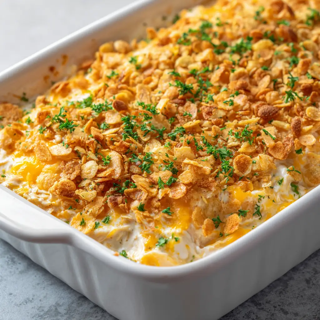 Neiman Marcus Chicken Casserole: The Ultimate Vintage Comfort Food Recipe 1 Side view of the toasted cracker and almond topping on a Neiman Marcus Chicken Casserole garnished with green parsley.