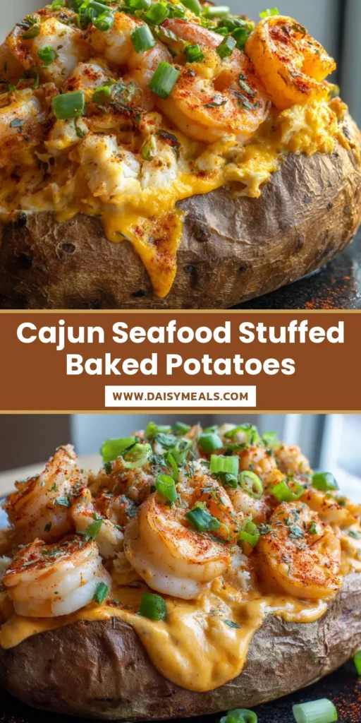 Cajun Seafood Stuffed Potatoes: The Ultimate Creamy Shrimp and Crab Loaded Baker 4 A close-up of a Cajun Seafood Stuffed Potato overflowing with orange cheese sauce, seared pink shrimp, and white crab meat on a dark plate.
