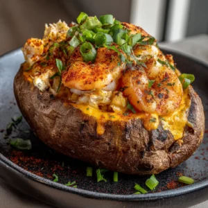 A rustic smartphone photo of a large russet potato loaded with pink Cajun shrimp and creamy orange sauce. (Cajun Seafood Stuffed Potatoes)