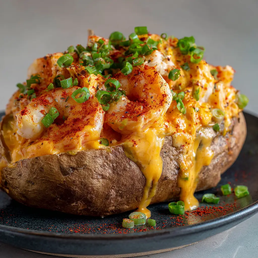 Cajun Seafood Stuffed Potatoes: The Ultimate Creamy Shrimp and Crab Loaded Baker 1 Detailed view of the melted yellow cheddar and seared shrimp on top of a Cajun Seafood Stuffed Potato.