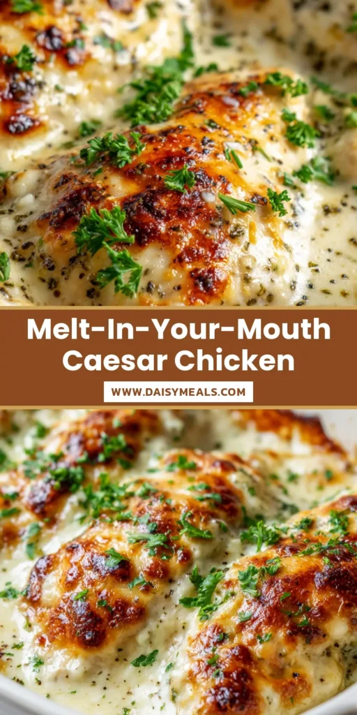 Baked Caesar Chicken: The Ultimate Creamy and Bubbly Weeknight Dinner 4 A top-down view of bubbly Baked Caesar Chicken in a ceramic dish garnished with parsley and coarse black pepper.