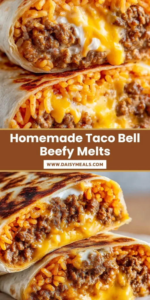 A halved Copycat Taco Bell Beefy Melt Burrito showing layers of seasoned beef, nacho cheese, orange rice, and red strips.