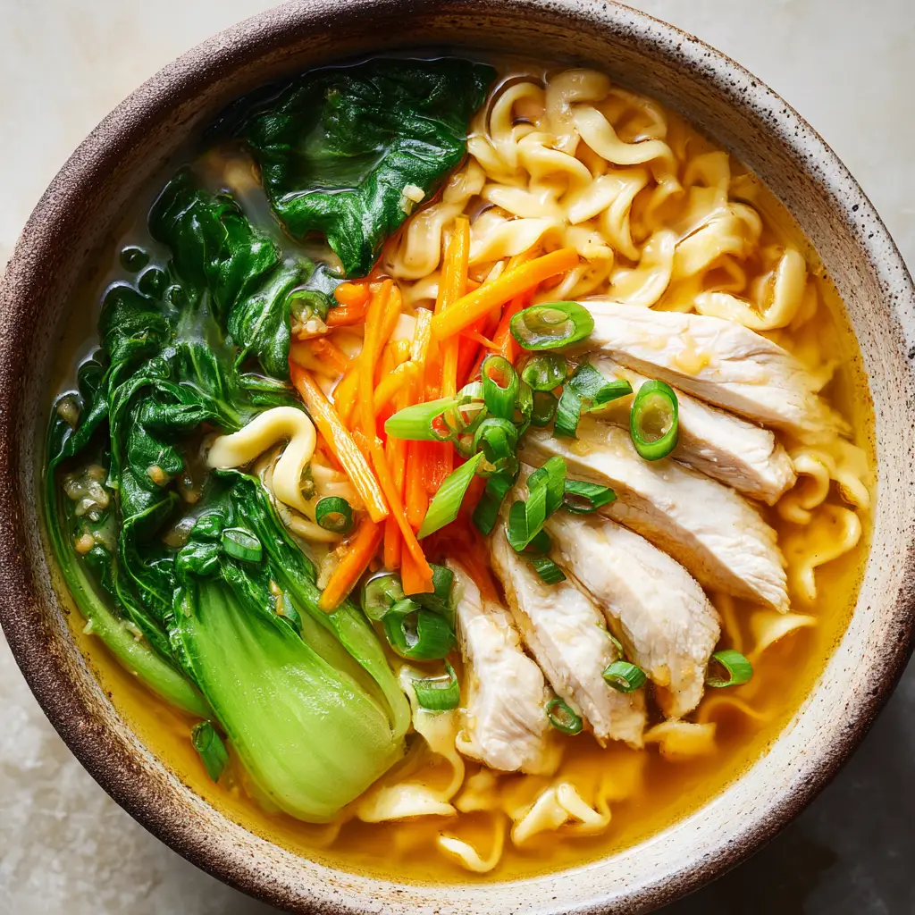Ginger Garlic Chicken Noodle Soup with Wavy Noodles and Golden Broth 1 Slices of tender poached chicken breast neatly arranged over noodles in a Ginger Garlic Chicken Noodle Soup.
