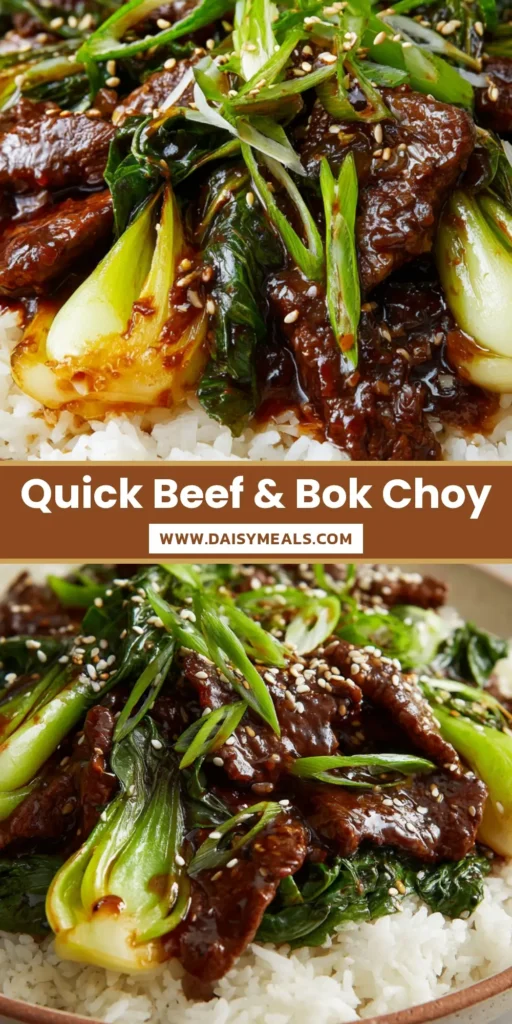 A close-up of Beef and Bok Choy Stir-Fry with seared beef strips and baby bok choy halves over white rice.