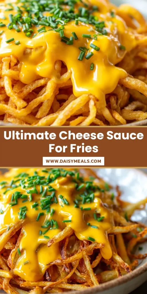 A rustic ceramic bowl overflowing with crispy shoestring fries covered in thick, dripping orange-yellow Cheese Sauce for Fries and fresh green chives.