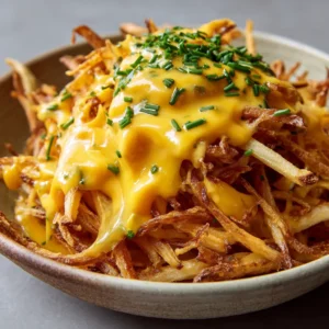 Close up shot of Cheese Sauce for Fries pooling at the bottom of a rustic bowl with golden fries and chopped chives.