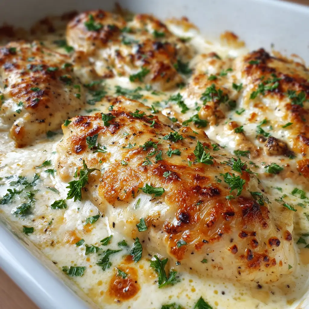 Baked Caesar Chicken: The Ultimate Creamy and Bubbly Weeknight Dinner 1 Eye-level shot of Baked Caesar Chicken in a white ceramic dish with fresh parsley flakes.