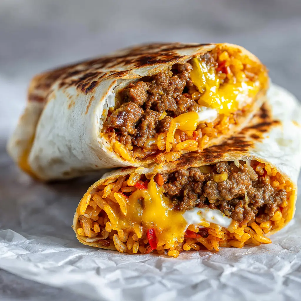 Halved Beefy Melt Burrito resting on parchment paper showing the toasted charred exterior. (Copycat Taco Bell Beefy Melt Burrito)