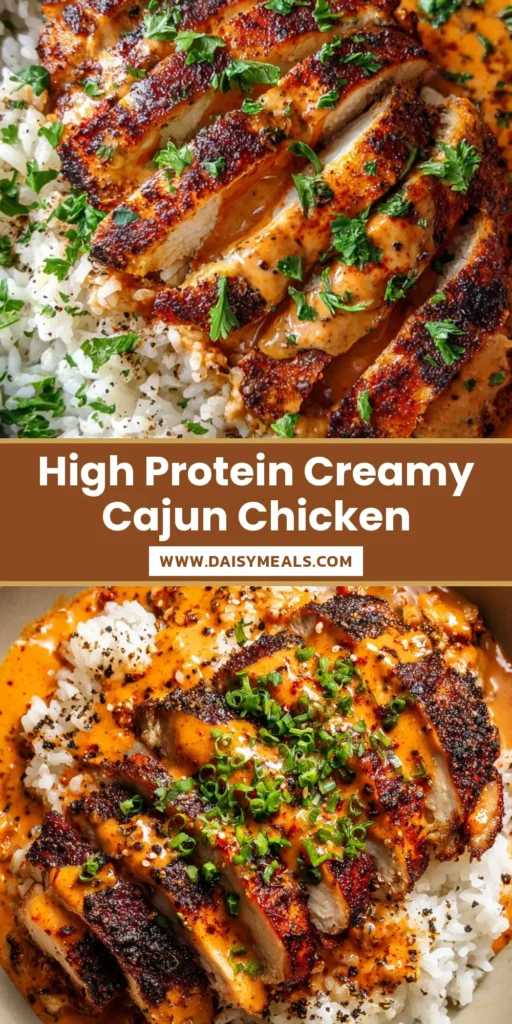 Close-up of High Protein Creamy Cajun Chicken sliced over garlic rice in a matte bowl with glossy orange sauce. (High Protein Creamy Cajun Chicken)