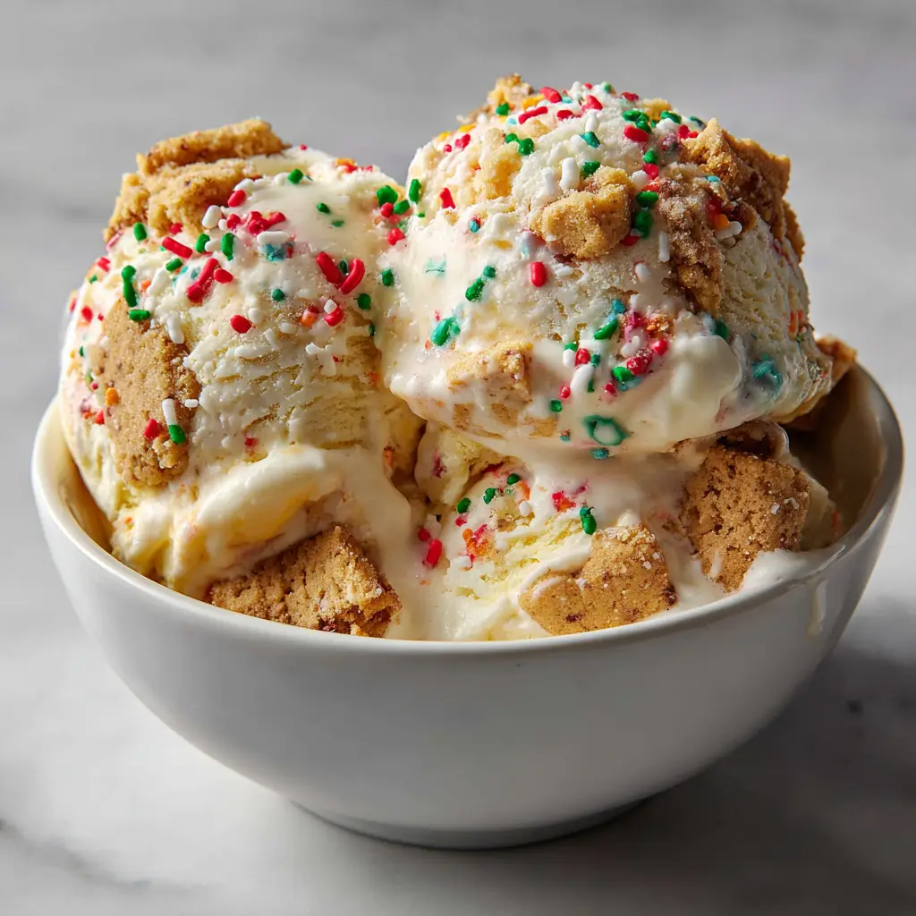 Christmas Cookie Ice Cream: The Ultimate Festive Holiday Scoop 2 Two scoops of creamy white Christmas Cookie Ice Cream showing golden cookie chunks and red/green sprinkles. (Christmas Cookie Ice Cream)