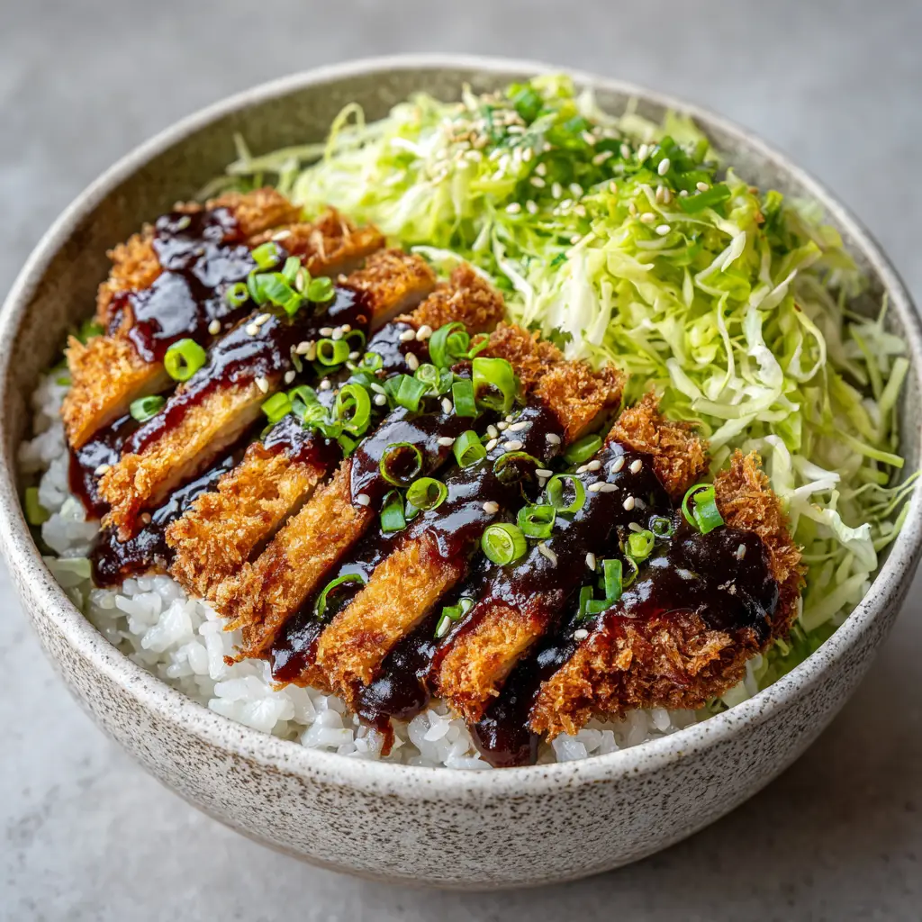 Top-down view of a Japanese Katsu Bowl featuring crispy panko pork, green onions, and sesame seeds.