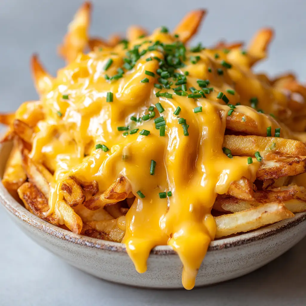 Smartphone photo of shoestring french fries smothered in a thick orange-yellow cheese sauce and garnished with chives.