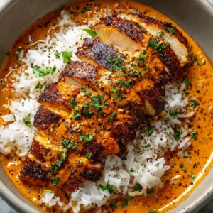 Overhead view of a matte bowl containing thick sliced blackened chicken, garlic rice, and reddish-orange sauce. (High Protein Creamy Cajun Chicken)