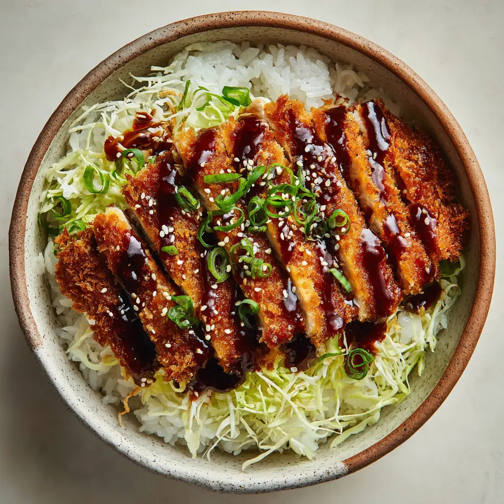 Close-up of the thick tonkatsu sauce zigzagged over sliced crispy pork strips in a ceramic bowl.