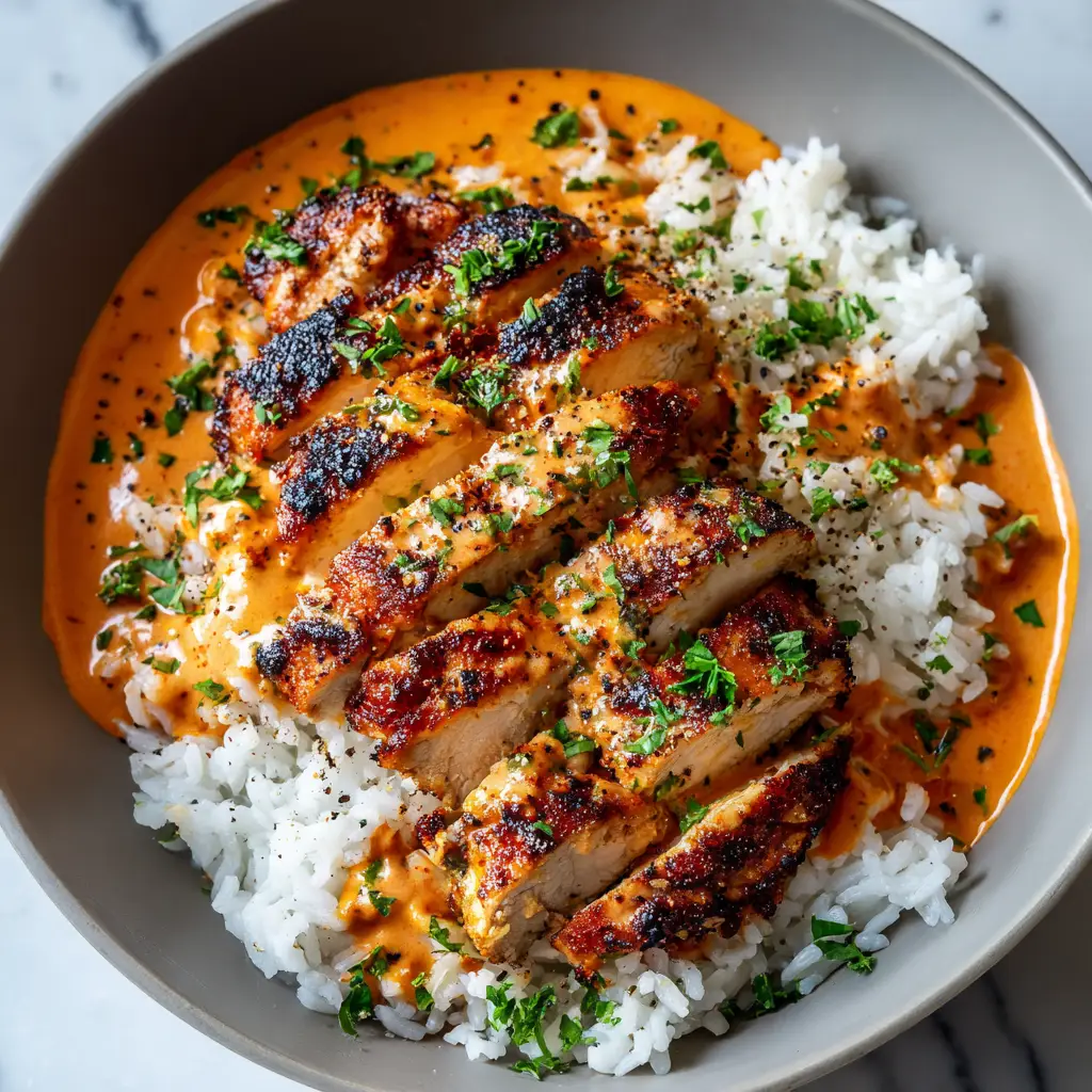 Detailed shot of the glossy reddish-orange sauce coating the heavily seared chicken breast. (High Protein Creamy Cajun Chicken)