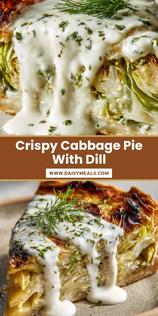 A close-up vertical shot of a Crispy Cabbage Pie slice featuring a golden-brown flaky crust and thick white dill cream sauce.