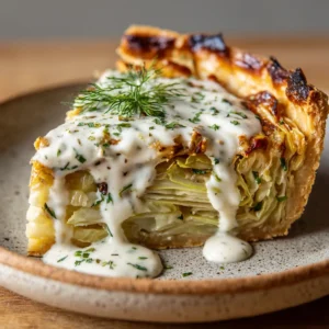 A slice of Crispy Cabbage Pie on a rustic ceramic plate showing charred crust edges and cascading white cream sauce.