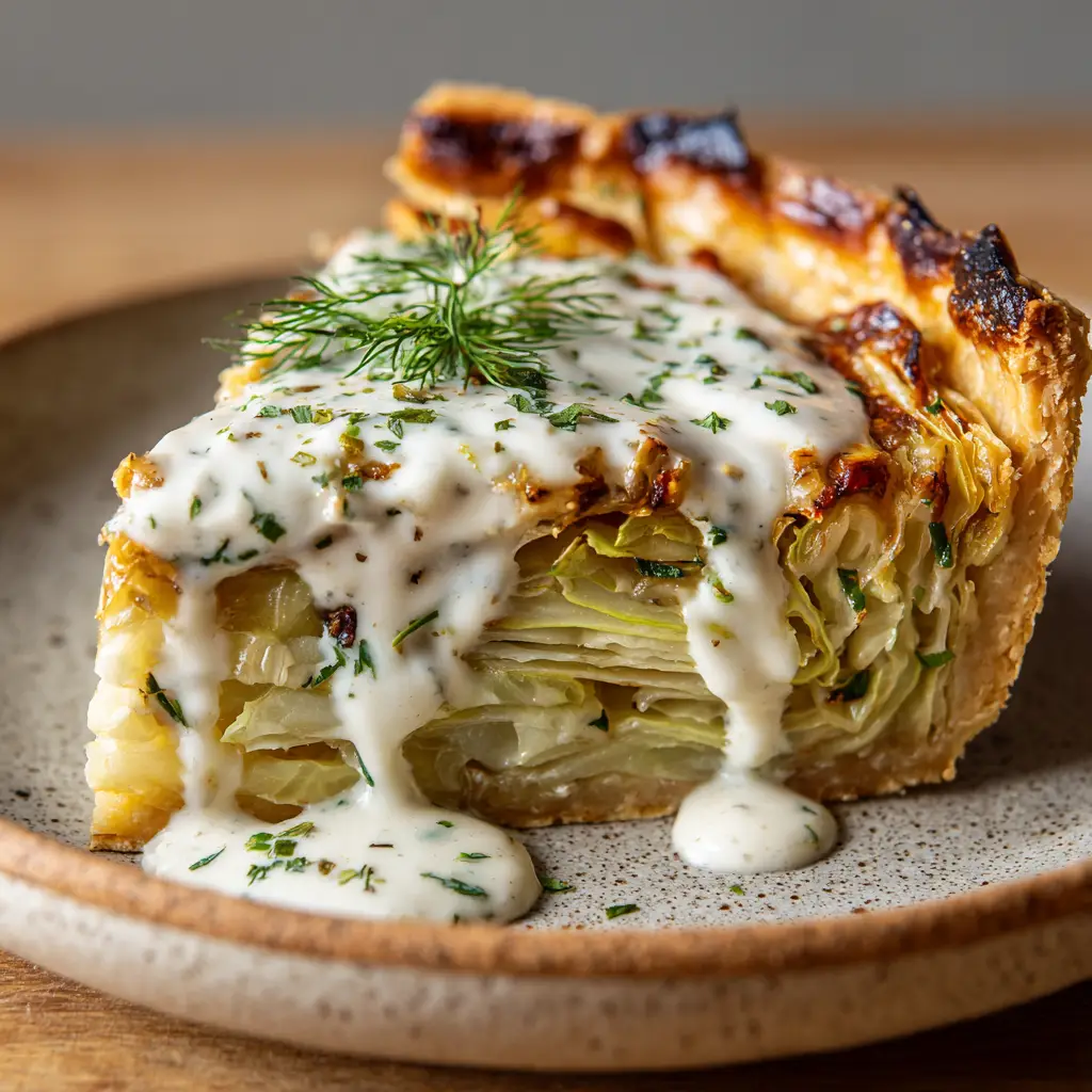 A slice of Crispy Cabbage Pie on a rustic ceramic plate showing charred crust edges and cascading white cream sauce.