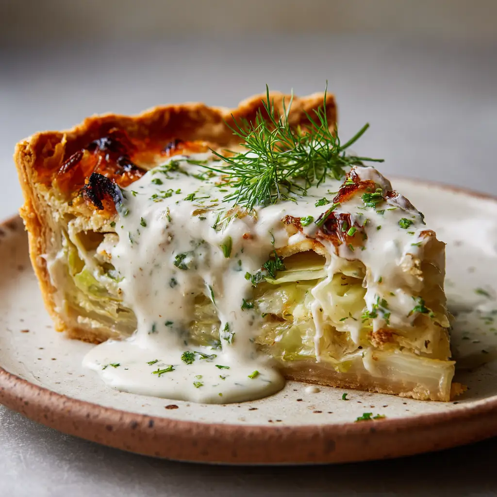 Close-up detail of the dill-speckled cream sauce cascading down a slice of Crispy Cabbage Pie.