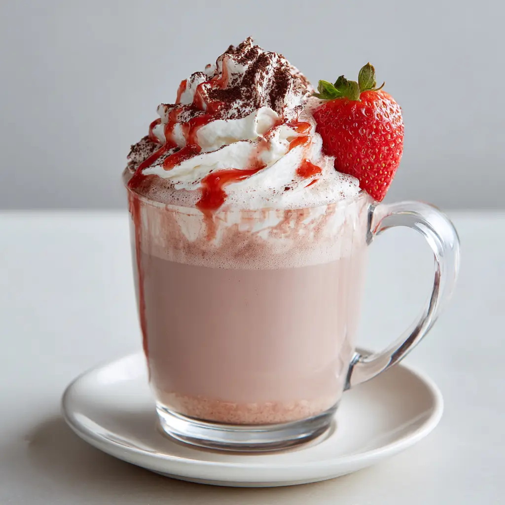 Strawberry Hot Chocolate: The Ultimate Creamy Pink Winter Treat 2 Smartphone photo of opaque creamy light pink strawberry hot chocolate in a glass mug on a white saucer. (Strawberry Hot Chocolate)
