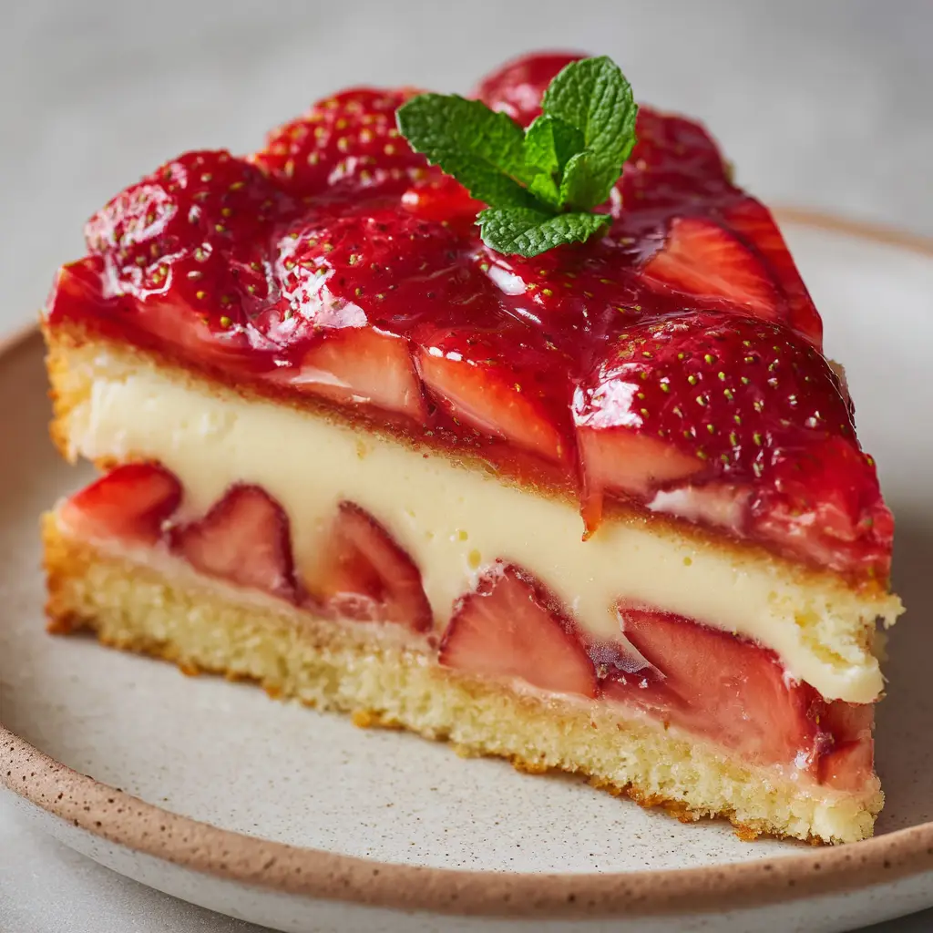 Top view of the Strawberry Custard Cake featuring overlapping sliced strawberries and a glossy red glaze with a mint sprig.