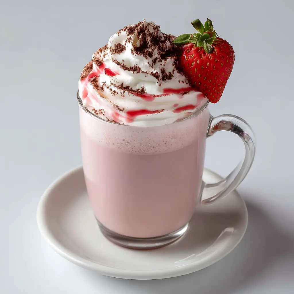 Strawberry Hot Chocolate: The Ultimate Creamy Pink Winter Treat 1 Close up of a tall white whipped cream swirl on a pink Strawberry Hot Chocolate garnished with cocoa powder and a fresh strawberry.