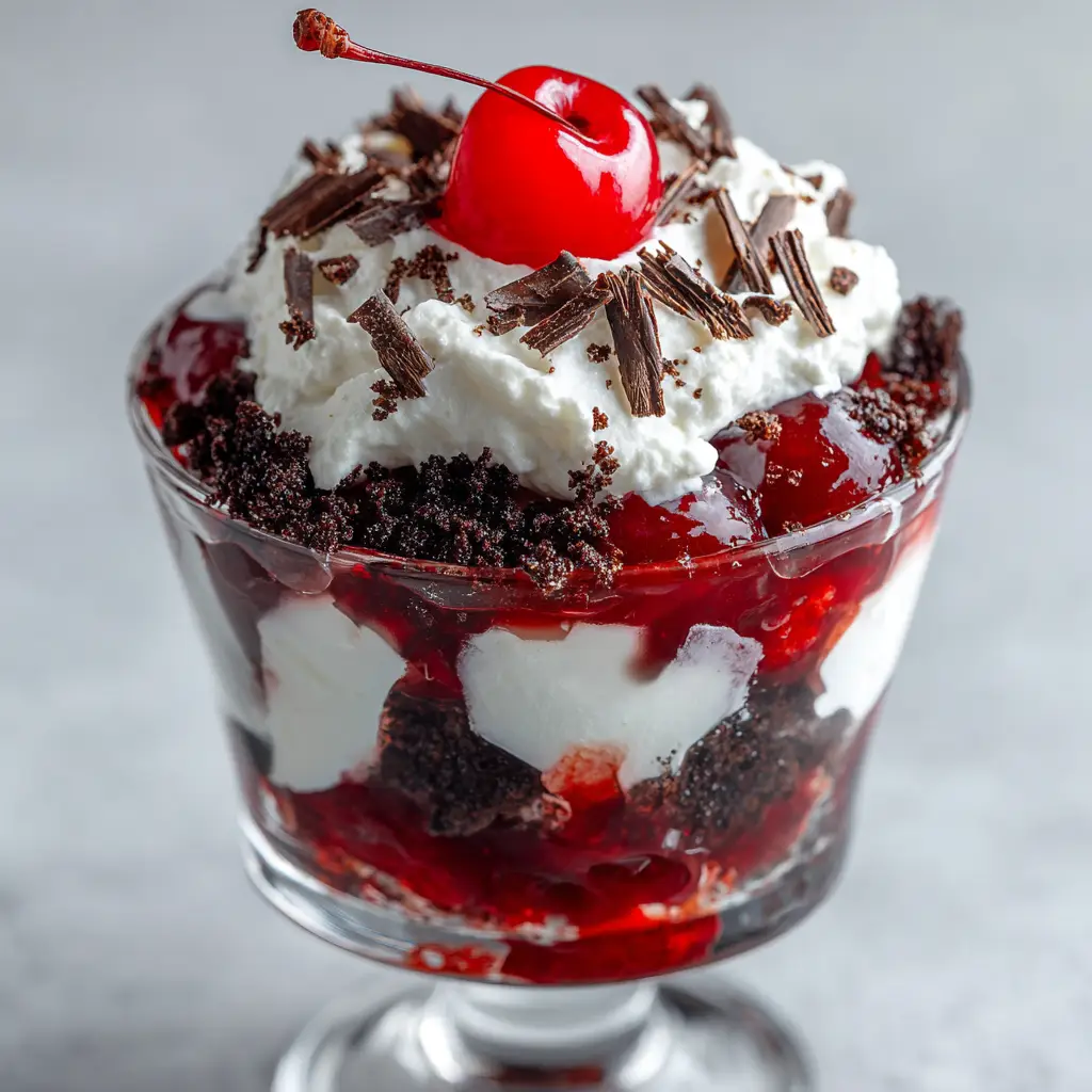 Black Forest Trifle: The Ultimate Guide to Layered Chocolate and Cherry Decadence 2 Close-up of Black Forest Trifle layers with moist dark chocolate cake and syrupy red cherries.