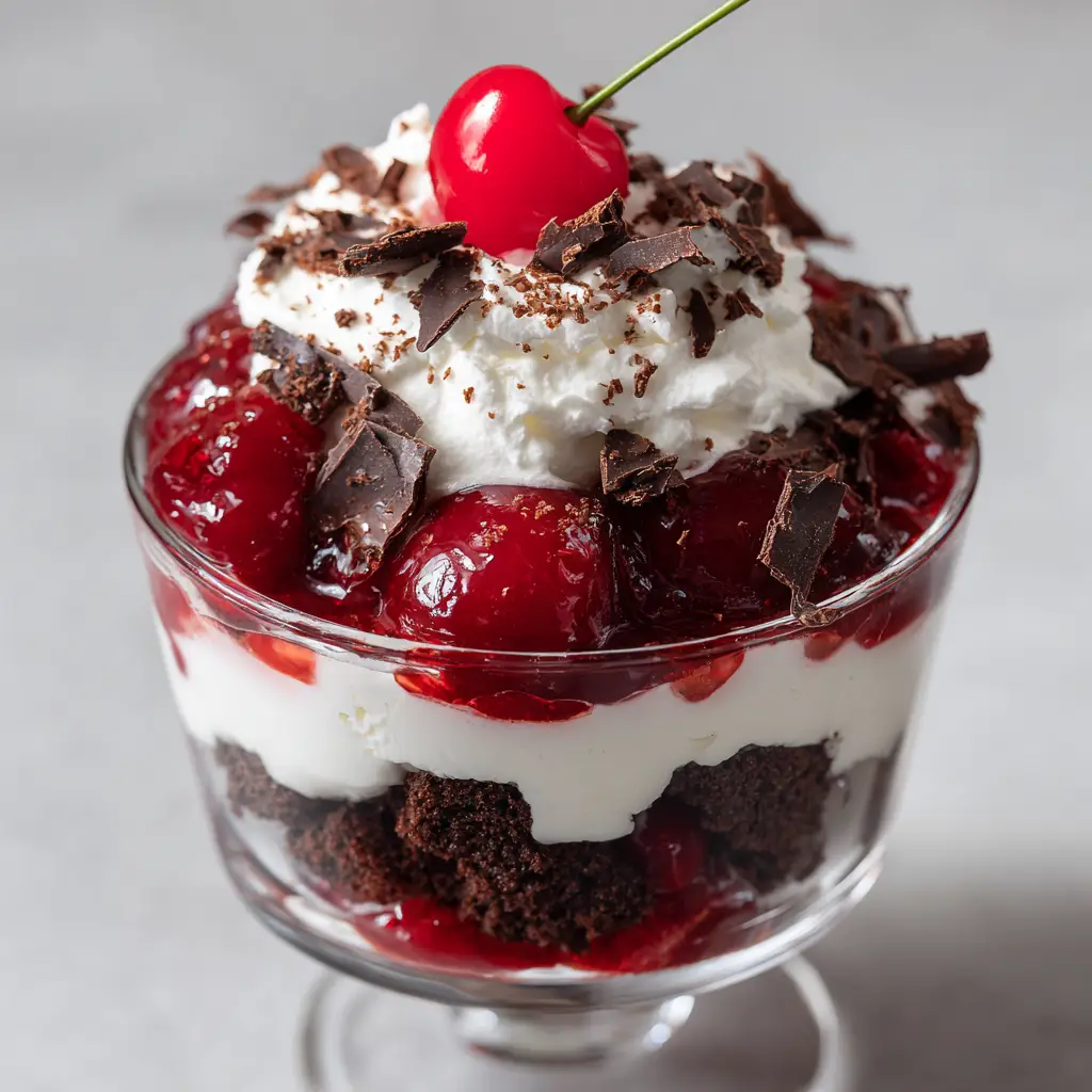 Black Forest Trifle: The Ultimate Guide to Layered Chocolate and Cherry Decadence 1 Top view of Black Forest Trifle featuring airy whipped cream, chocolate shavings, and a cherry with a stem.