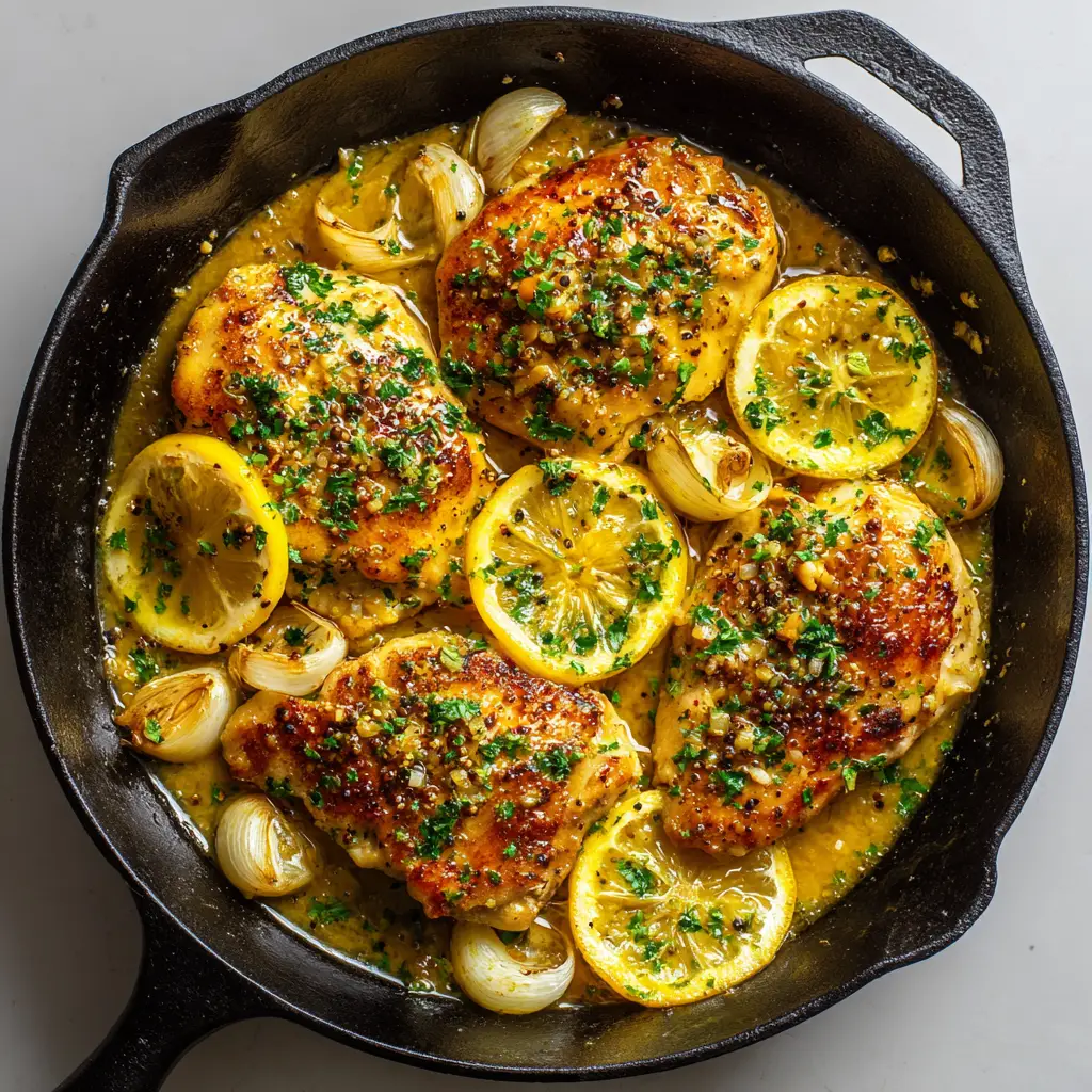 Close up shot of juicy Lemon Garlic Chicken with crispy edges and a semi-translucent buttery yellow sauce in a black skillet. (Lemon Garlic Chicken)