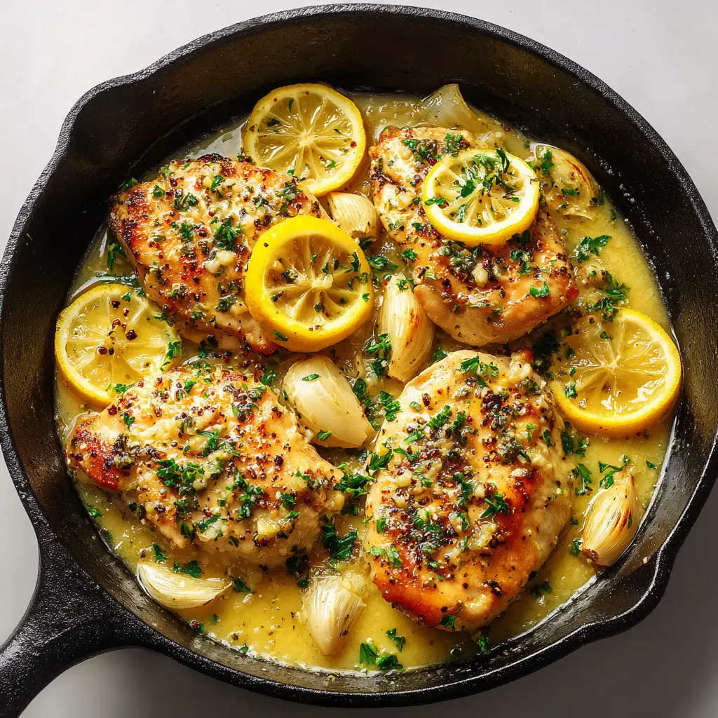Lemon Garlic Chicken: The Ultimate Golden Seared Skillet Guide 1 Rustic cast iron skillet featuring seared chicken layered with fresh lemon slices, whole roasted garlic, and coarse black pepper. (Lemon Garlic Chicken)